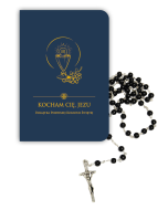 Zestaw komunijny - modlitewnik "Kocham Cię Jezu" (granatowy) + różaniec czarny 
