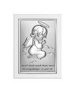 Obrazek na chrzciny srebrny Aniołek w modlitwie z podpisem 8x11 cm 6667SW