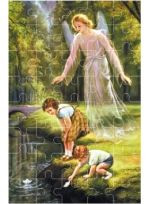 Puzzle religijne - Anioł Stróż z dziećmi nad rzeką 