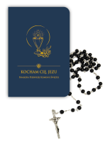 Zestaw komunijny - modlitewnik "Kocham Cię Jezu" (granatowy) + różaniec czarny 