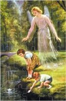 Puzzle religijne - Anioł Stróż z dziećmi nad rzeką 