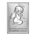 Obrazek na chrzciny srebrny Aniołek w modlitwie z podpisem 6x9 cm 6667S