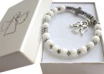 Bransoletka różaniec biały z agatów dla dziewczynki Pamiątka Komunii Świetej
