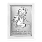 Obrazek na chrzciny srebrny Aniołek w modlitwie z podpisem 8x11 cm 6667SW